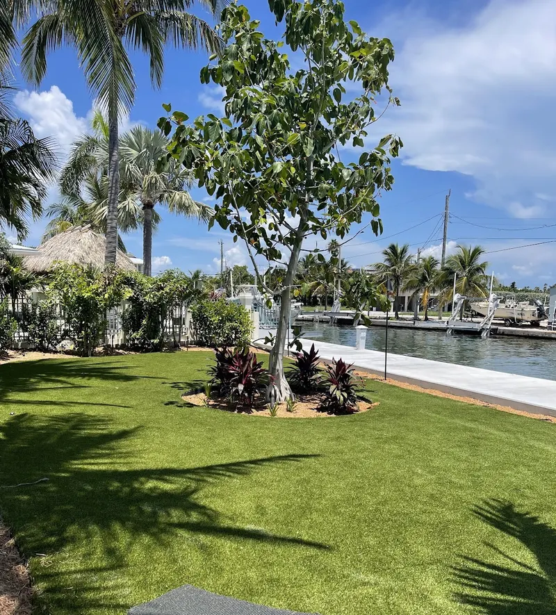 Turf lawn with a planted tree bed along a canal seawall