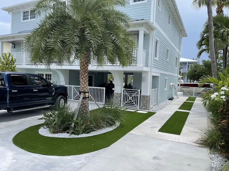 Curved turf bed around a palm with turf strips on the walkway