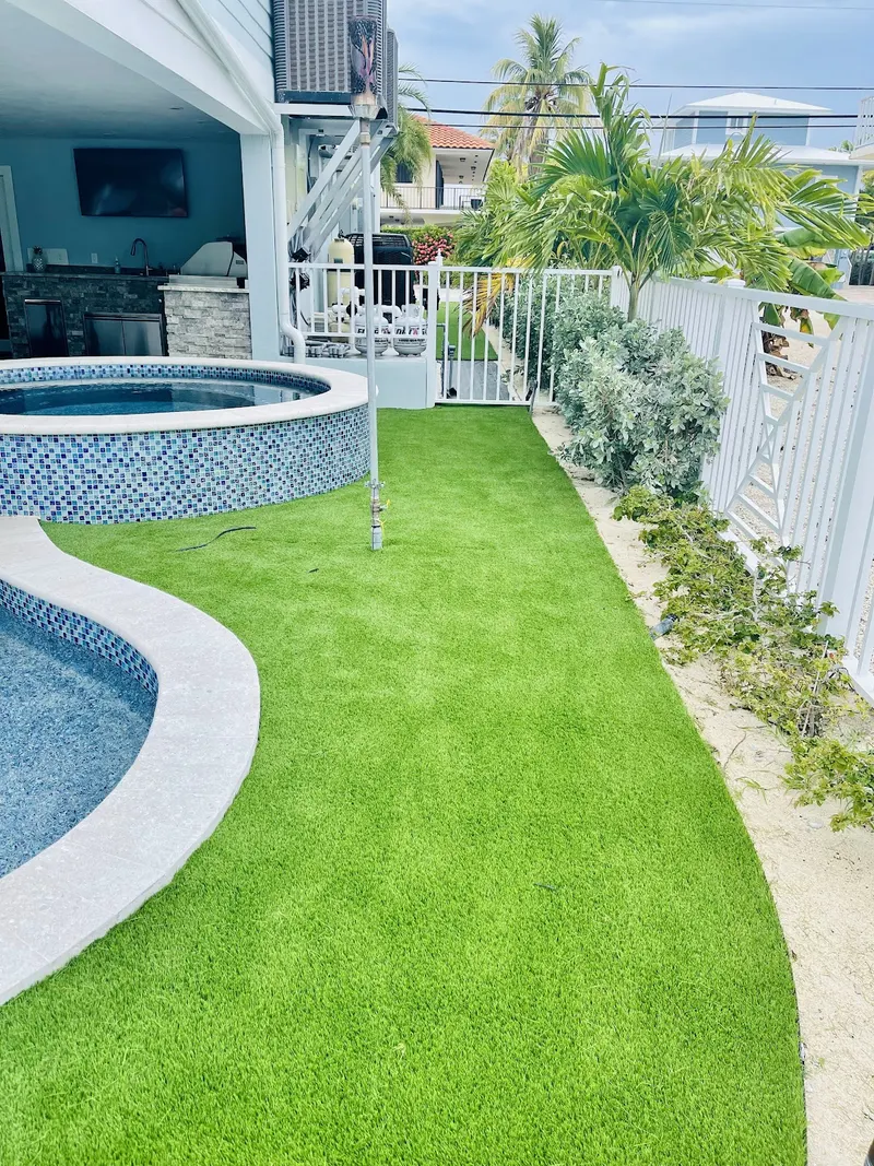 Turf run between a spa and a white railing
